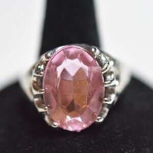 Stunning Pink Oval Crystal Silver Tone Size 13 1/2 Statement Glam Cocktail Ring